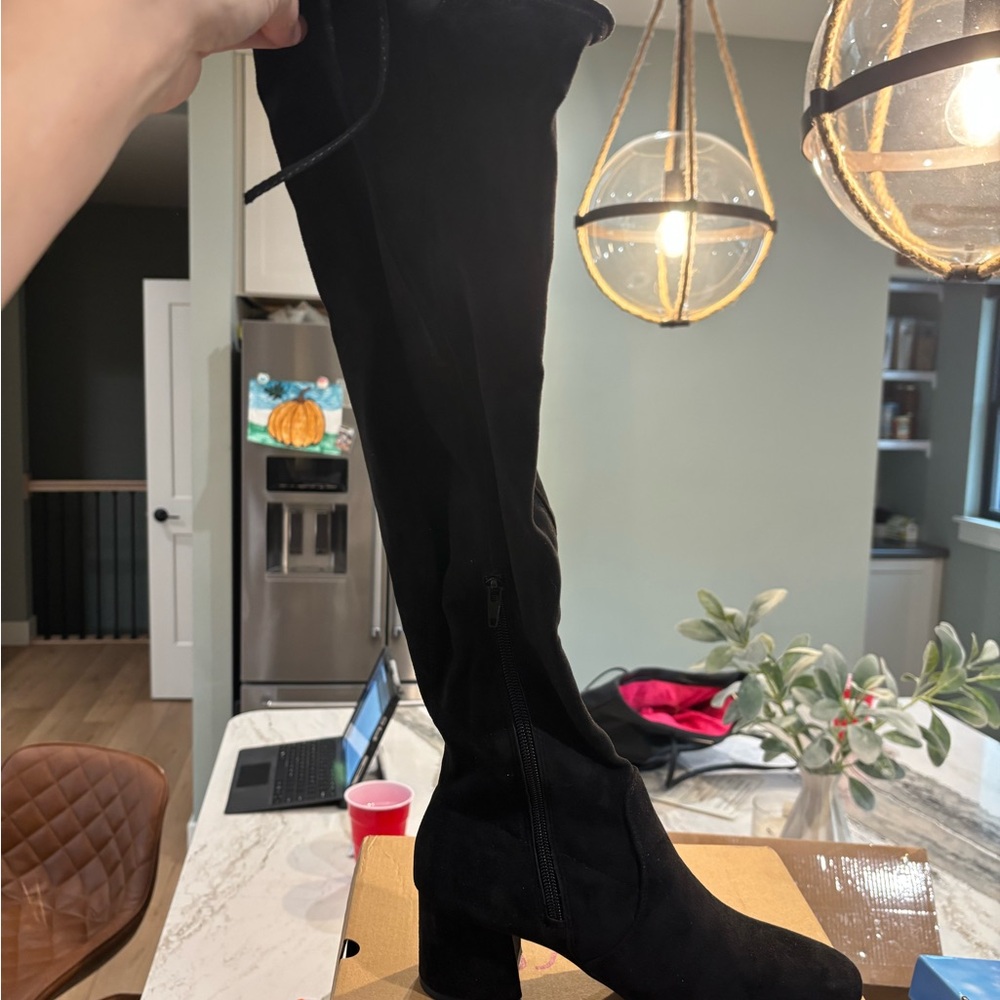 Sugar Black Over-the-Knee Boots with Chunky Heel